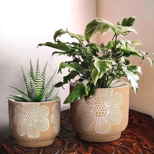 8 Inch + 6 Inch Flower Pattern Plant Pots, Sand Glazed Ceramic